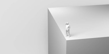 Uçurumun önündeki adam. Sorunlar. Çözümler. 3 boyutlu illüstrasyon. Pankart.