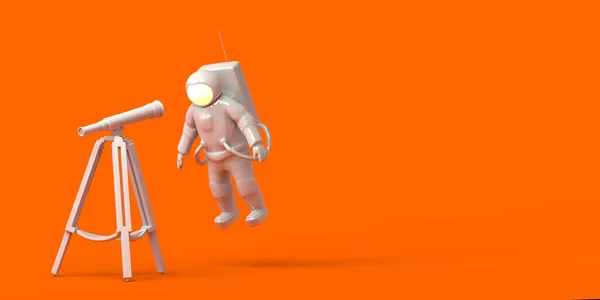 Astronaut Voor Een Telescoop Oranje Achtergrond Illustratie Banner — Stockfoto