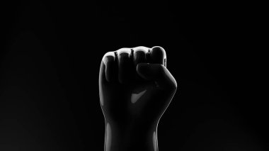 Siyah arka planda siyah yumruklu, jantlı. Siyahların Yaşamı Önemlidir. Kesinti. Sosyal adalet kavramı. Pankart. 3 Boyutlu Hazırlama.
