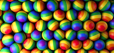 Arka planda gurur bayrağı renginde toplar. 3B illüstrasyon.