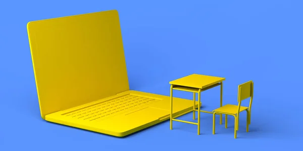 Online school. Laptop in front of class desks. 3d illustration.