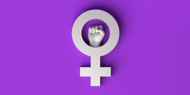 Kadın sembollü pankart ve gölgeli sımsıkı yumruk. Kadınlara Karşı Şiddetin Önlenmesi İçin Uluslararası Gün. 25 Kasım. Feminizm. 3 boyutlu illüstrasyon. Kadınlar Günü, 8 Mart.