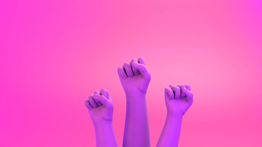 Kavganın işareti olarak pembe yumruklu pankart. Kadınlara Karşı Şiddetin Önlenmesi İçin Uluslararası Gün. 25 Kasım. Feminizm. 3 boyutlu illüstrasyon. Uluslararası Kadınlar Günü. 8 Mart.