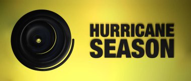 Kasırga sezonu afişi. Üst Manzara. Uyarı! Alarm verin. 3B illüstrasyon.