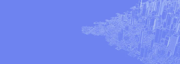 Skyline of a city drawn with white lines on a blue background. Urban architecture concept. Blueprint style.