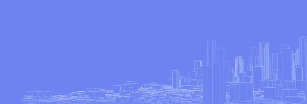 Skyline of a city drawn with white lines on a blue background. Urban architecture concept. Blueprint style.
