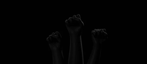 Black fists on black background with rim. Black Lives Matter. Blackout. Social justice concept. 3D render.