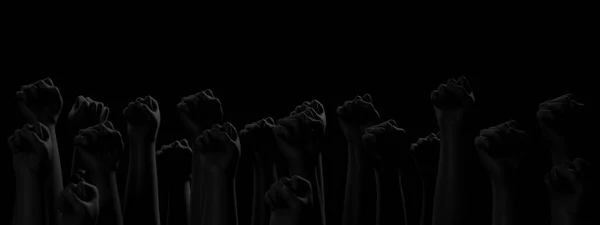 Black fists on black background with rim. Black Lives Matter. Blackout. Social justice concept. 3D render.