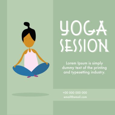 Kadının poz çalışmasının vektör illüstrasyonlu yoga seansı hakkında bilgi kartı. Modern düz stil.