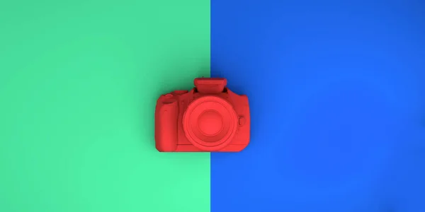 Fotokamera Auf Grünem Und Blauem Hintergrund Ansicht Von Oben Flach — Stockfoto