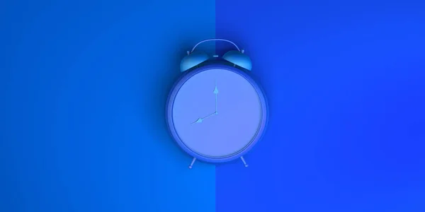 Reloj Despertador Sobre Fondo Azul Vista Superior Acostado Ilustración Banner —  Fotos de Stock