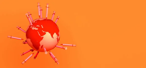 Planet earth with virus vaccine syringes. Banner. Background. 3D