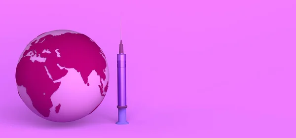 Pianeta Terra Con Siringa Vaccinale Contro Virus Bandiera Contesto Illustrazione — Foto Stock