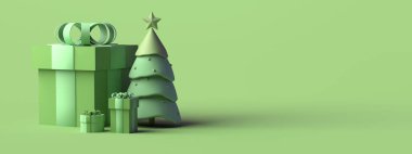 Noel konsepti. İçinde kar olan Noel ağacı ve ürün kopyası ya da tatil promosyonu için yer olan hediye kutuları. Pankart. Geçmişi. 3d illüstrasyon.