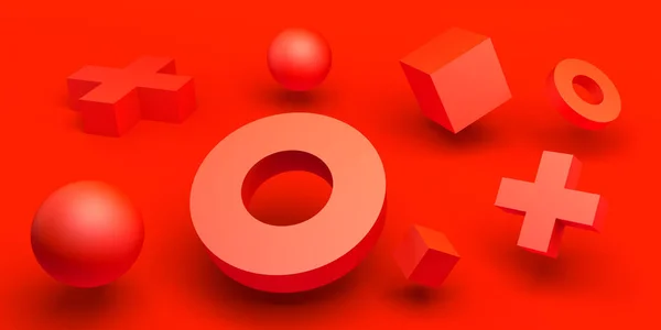 摘要背景 红色的构图 有圆圈 立方体和交叉 3D例证 — 图库照片
