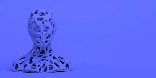 Soyut insan baskını. Delikli figür. İzole edilmiş mavi arka plan. 3d