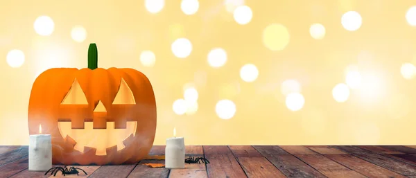 Banner Halloween Lanterna Abóbora Com Velas Fundo Desfocado Ilustração Jack — Fotografia de Stock
