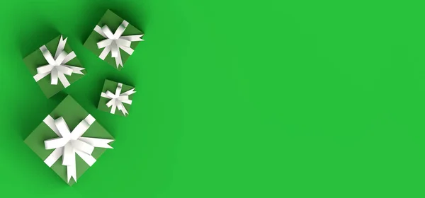 クリスマスのバナー 緑のプレゼントと白い弓とクリスマスの背景 — ストック写真