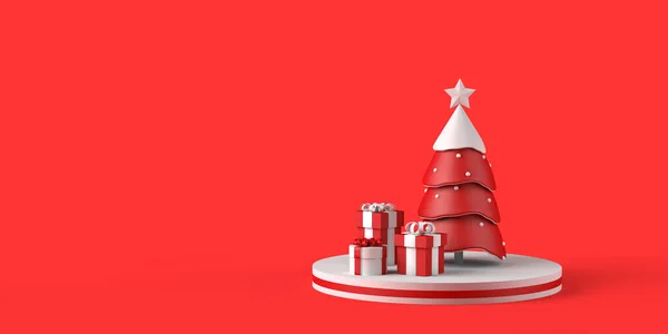Concept Noël Arbre Noël Avec Neige Boîtes Cadeaux Sur Piédestal — Photo