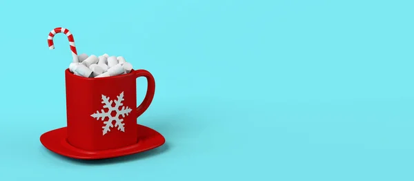 Tasse Chocolat Remplie Guimauves Avec Canne Bonbons Flocons Neige Bannière — Photo