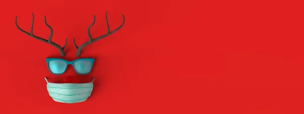Christmas toy abstract reindeer banner with surgical mask. 3d illustration. Safe Christmas. Copy space.
