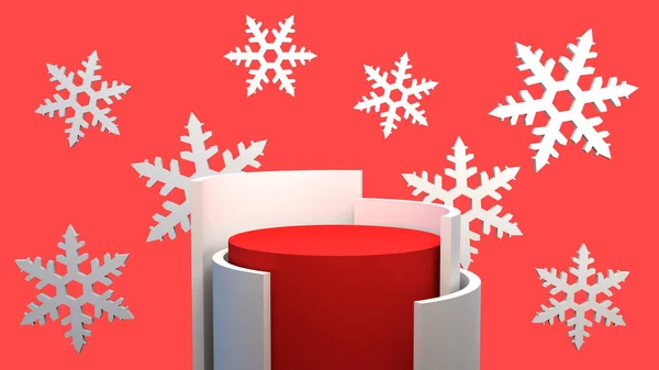 Pusty Postument Wyświetlania Produktów Dekoracją Świąteczną Baner Świąteczny Płatkami Śniegu — Zdjęcie stockowe