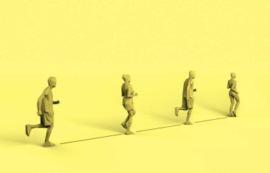 Sosyal Mesafe. İnsanlar güvenlik mesafesini koruyarak koşuyor. Pastel sarısı arka plan. Covid-19. Sağlık hizmeti konsepti. 3 Boyutlu Hazırlama.