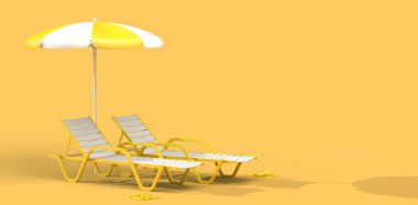 Pair of beach or pool loungers with umbrella and flip flops on yellow background.  Summer concept. 3D rendering.