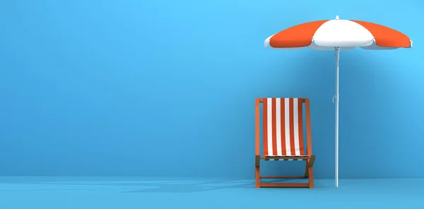 Składane Krzesło Parasol Słoneczny Niebieskim Tle Koncepcja Lata Renderowanie — Zdjęcie stockowe