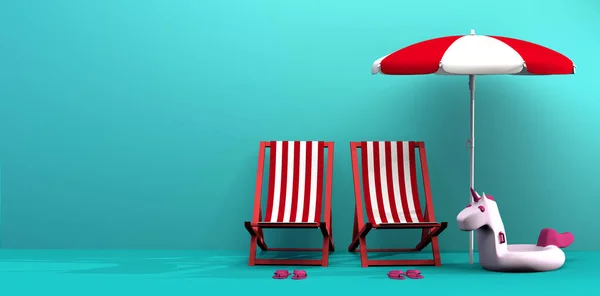 Pair Folding Chairs Sun Umbrella Flip Flops Unicorn Float Turquoise — Foto Stock