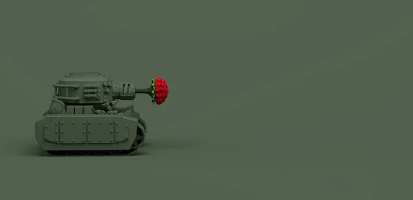 Tank Schieten Boeket Bloemen Oorlog Groene Achtergrond Vredesconcept Illustratie Banner — Stockfoto