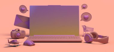 Yüzen nesnelerle dizüstü bilgisayar konsepti. Pankart. Kulaklıklar, alışveriş arabası, oyunlar, çalar saat, mesajlar, e-posta... 3 boyutlu illüstrasyon. Uzayı kopyala Uygulama.