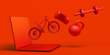 Bilgisayarlı online spor konsepti. Pankart. Bisiklet, boks eldiveni, dambıl aplikasyon. Üç boyutlu illüstrasyon. Uzayı kopyala Uygulama.