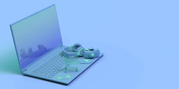 Koncepcja Laptop Pływających Obiektów Sztandar Słuchawki Koszyk Gry Budzik Wiadomości — Zdjęcie stockowe