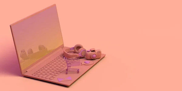 Laptop Concept Met Zwevende Objecten Een Spandoek Koptelefoon Winkelwagentje Spelletjes — Stockfoto