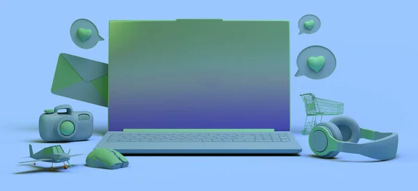Conceito Laptop Com Objetos Flutuantes Banner Auscultadores Carrinho Compras Jogos — Fotografia de Stock