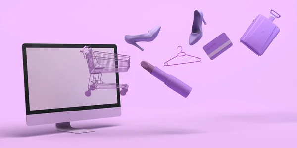 Online Shopping Konzept Mit Computer Banner Einkaufswagen Lippenstift Stöckelschuhe Kreditkarte — Stockfoto