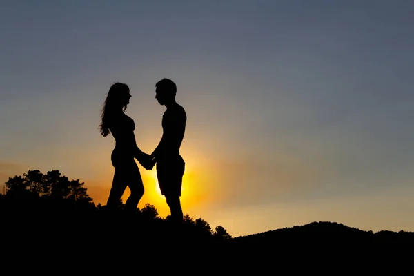 Couple Amoureux Tenant Main Dans Coucher Soleil Romantique Sur Lac — Photo
