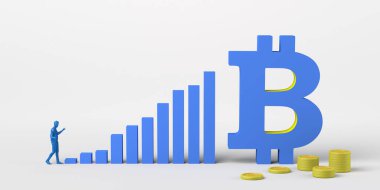 Yukarıya bakan oklar, bozuk paralar, bitcoin sembolü ve grafiklere tırmanan kişi. Kripto para birimlerinde parasal büyüme kavramı. Üç boyutlu illüstrasyon. Boşluğu kopyala.