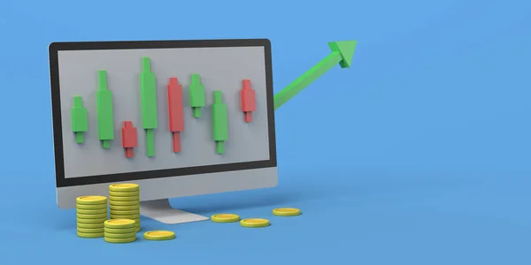 Computador Com Moedas Gráfico Castiçal Conceito Investimento Financeiro Crescimento Monetário — Fotografia de Stock