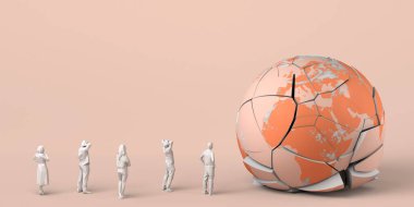 Toprak gezegeni yere çakıldı, kırıldı ve çatladı, ve bir grup insan izledi. Gezegen tehlikede ve kırılgan. Üç boyutlu illüstrasyon. Boşluğu kopyala.