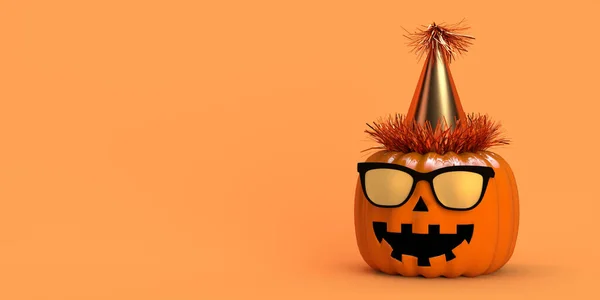 Sztandar Halloween Dynia Latarni Okularach Przeciwsłonecznych Kapeluszu Ilustracja Przyjęcie Grozy — Zdjęcie stockowe
