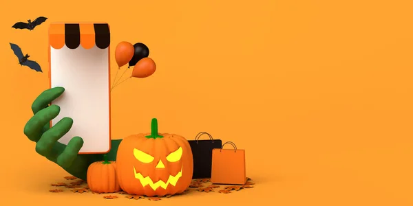 Conceito Compras Line Para Temporada Outono Halloween Abóbora Lanterna Com — Fotografia de Stock