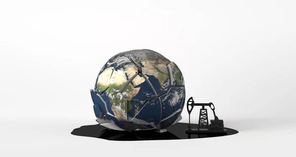 Планета Земля Падает Землю Ломается Брызгает Нефтью Добывающий Насос Собирает — стоковое фото