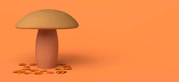 秋天的季节横幅与蘑菇和枯叶的黄色背景 复制空间 3D插图 — 图库照片