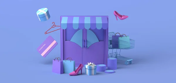 Minimalist concept of online store. Store door with shopping bags, shoes, gifts, credit card, coins and shopping cart. Copy space. 3D illustration. Online shopping.
