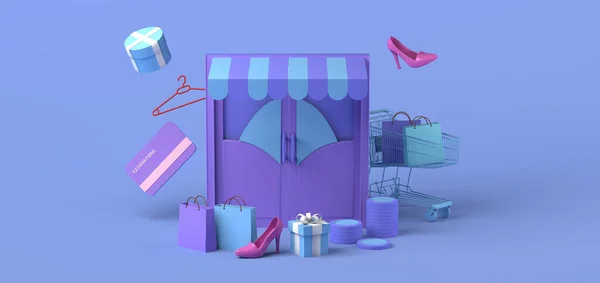 Çevrimiçi mağaza minimalist konsepti. Alışveriş çantaları, ayakkabılar, hediyeler, kredi kartı, bozuk paralar ve alışveriş arabası olan dükkan kapısı. Uzayı kopyala Üç boyutlu illüstrasyon. İnternetten alışveriş.