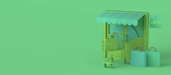 Concept Minimaliste Boutique Ligne Porte Avec Enseigne Ouverte Sacs Provisions — Photo