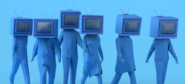 Kafası yerine eski bir televizyonla yürüyen bir grup insan. Pasif denekler. Kitle iletişim araçlarının kontrolü ve manipülasyonu. Televizyon izleyicileri. Üç boyutlu illüstrasyon. Boşluğu kopyala.
