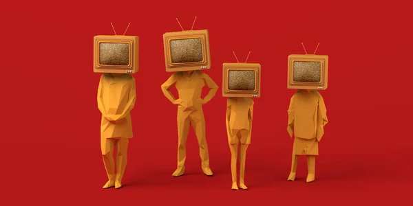 Kafası Yerine Eski Bir Televizyonu Olan Bir Aile Pasif Denekler — Stok fotoğraf